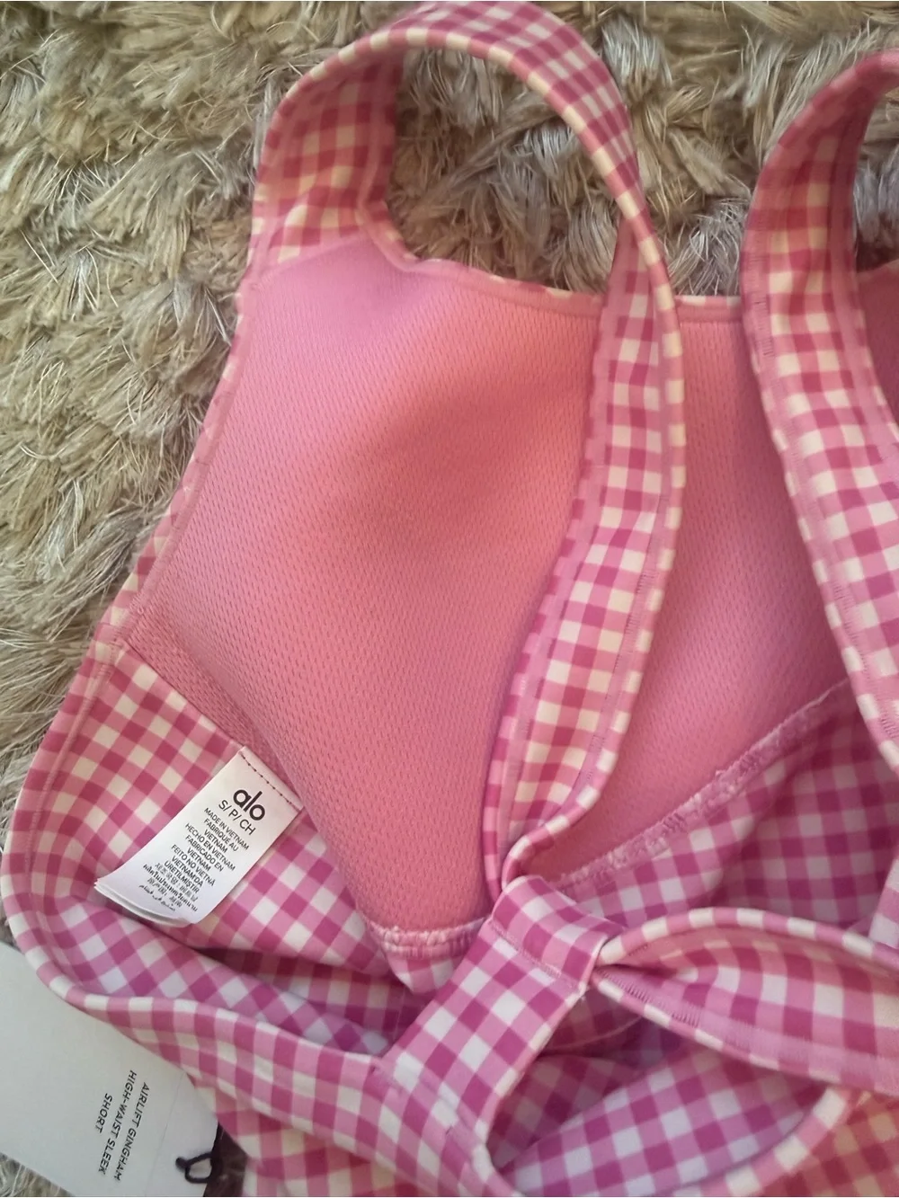 NEW SET Alo Yoga Airlift Gingham Bra + Shorts SET Paradise Pink NWT SIZE small
